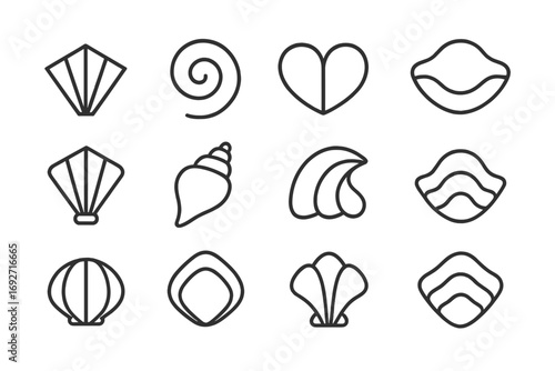 Abstract Shell Icons. Line style icons of abstract shell designs: geometric shell, stylized spiral shell, minimal bivalve, flowing
