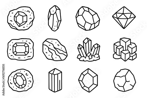Gemstone Line Icons. Line style icons of gemstone rocks: sapphire in matrix, emerald chunk, ruby raw stone, diamond crystal; topaz