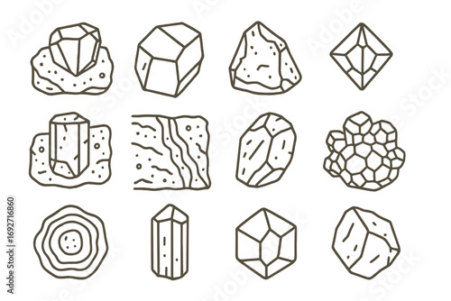 Gemstone Line Icons. Line style icons of gemstone rocks: sapphire in matrix, emerald chunk, ruby raw stone, diamond crystal; topaz