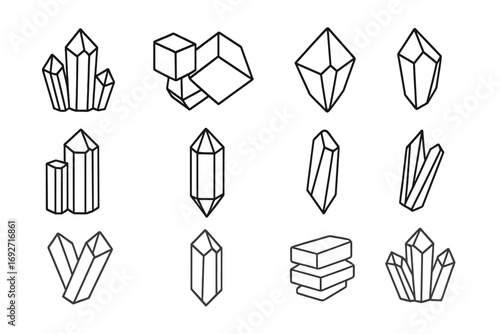Crystal Mineral Icons. Line style icons of crystal minerals: hexagonal quartz, cubic pyrite, orthorhombic sulfur, trigonal calcite