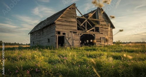 Abandoned barn in a field with wildflowers at sunset