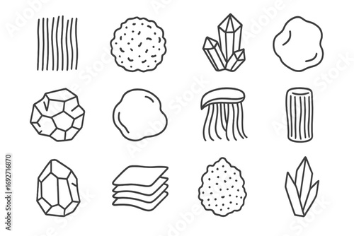 Mineral Texture Icons. Line style icons of mineral textures: fibrous asbestos, earthy limonite, vitreous quartz, metallic pyrite;