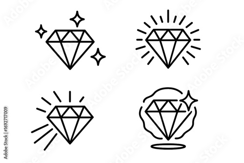Radiant Diamond Icons. Line style icons of diamond with light effects: diamond with sparkles, radiant glow diamond,