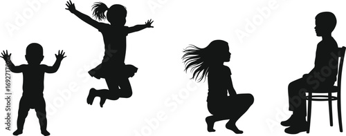 Silhouettes of children playing, jumping, sitting, joyful kids, diverse poses, fun activity, energetic, childhood moments, happy kids, playful, outdoor, friendship, innocence, active kids.