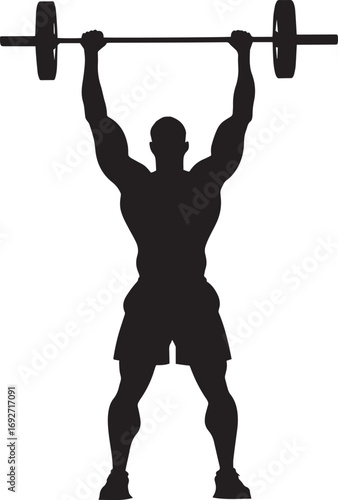 A lifter with a barbell held aloft, arms fully extended, bending elbows to bring the bar down behind the neck. Full-length silhouette black vector illustration.