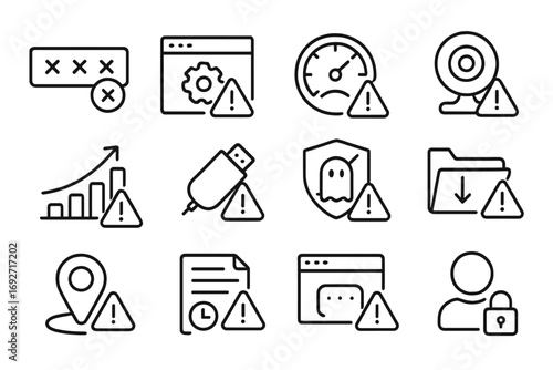 Hacking Warning Icons. Line style icons of hacking warning signs: multiple failed logins, new unknown processes, laggy system
