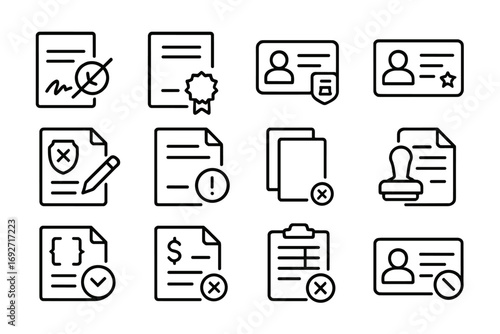 Document Fraud Icons. Line style icons of document fraud: forged signature, fake certificate, altered ID, counterfeit license;