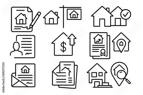 Real Estate Fraud Icons. Line style icons of real estate fraud: forged deed, dual property listing, false ownership claim,