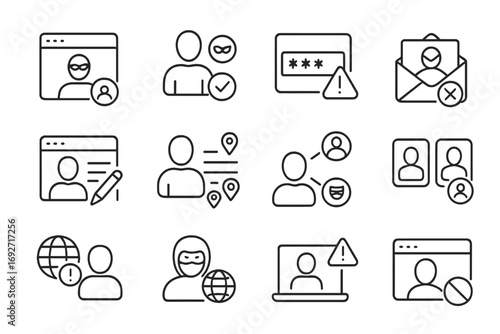 Online Account Fraud Icons. Line style icons of online account fraud: unauthorized login, fake user registration, password reset
