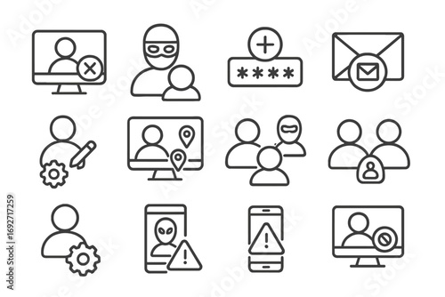 Online Account Fraud Icons. Line style icons of online account fraud: unauthorized login, fake user registration, password reset