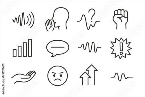 Voice Dynamics Icons. Line style icons of voice and tone dynamics: loud voice wave, whisper icon, question pitch line, firm tone