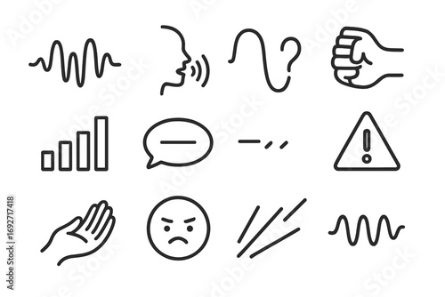 Voice Dynamics Icons. Line style icons of voice and tone dynamics: loud voice wave, whisper icon, question pitch line, firm tone