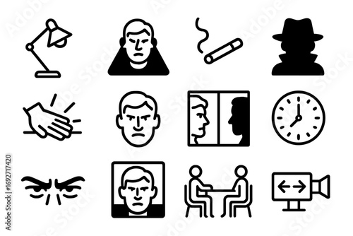 Cinematic Interrogation Icons. Line style icons of classic cinematic interrogation scenes: noir lamp icon, spotlight on face,