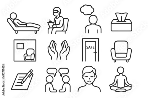 Counseling Session Icons. Line style icons of therapeutic confession: person on couch, therapist with clipboard, thought bubble