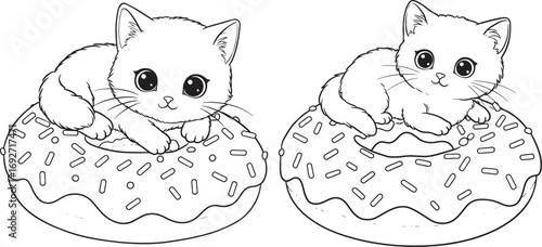 Cute cartoon kittens sitting on donuts silhouette