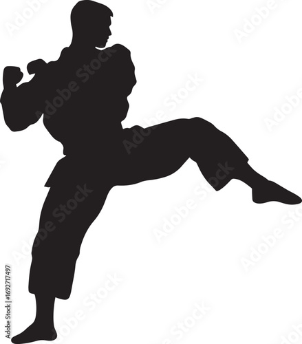 A martial artist kick performed with a 360-degree spin, foot aiming toward the target. full length silhouette black vector illustration