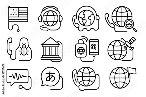 International Surveillance Icons. Line style icons of international wiretaps: country flag with wire, global surveillance line,