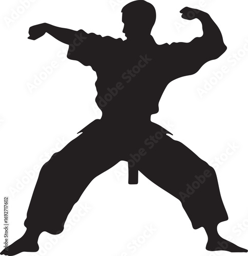 A practitioner in a low, wide stance with feet spread apart and arms lifted for defensive protection. Full-length silhouette black vector illustration.