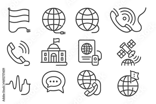 International Surveillance Icons. Line style icons of international wiretaps: country flag with wire, global surveillance line,