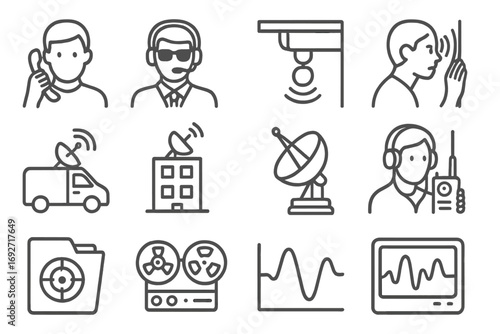 Surveillance Line Icons. Line style icons of surveillance wiretap scenes: person tapping phone, agent with headset, hidden mic