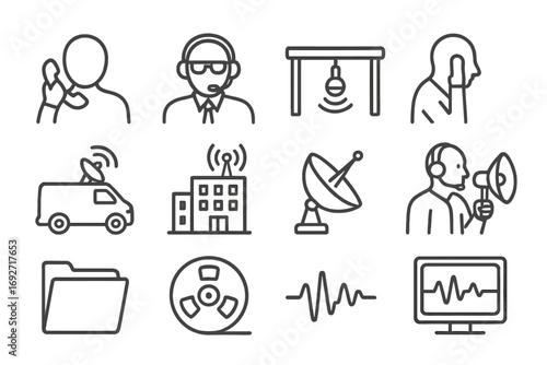 Surveillance Line Icons. Line style icons of surveillance wiretap scenes: person tapping phone, agent with headset, hidden mic