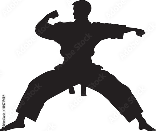 An individual adopting a low, stable stance with feet apart and arms raised to guard against attacks. Full-length silhouette black vector illustration.