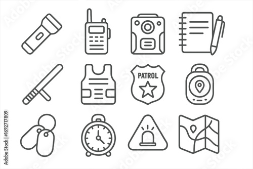 Patrol Equipment Icons. Line style icons of patrol equipment: flashlight, two-way radio, body camera, notebook with pen; baton