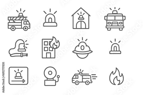 Firefighter Icon Set. Line style icons of fire truck sirens: ladder truck with beacon, red dome icon, fire station alarm, truck