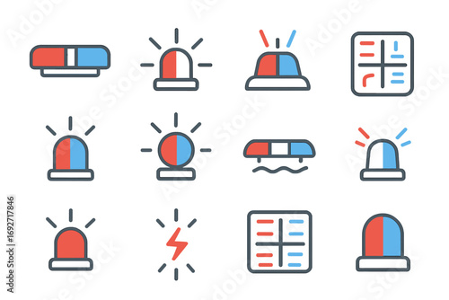 Line Style Sirens. Line style icons of dual-color sirens: red-blue bar icon, alternating light symbol, vehicle roof with twin