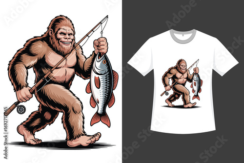Caveman Fishing: A Cartoon Illustration of a Prehistoric Fisherman T-Shirt Design 