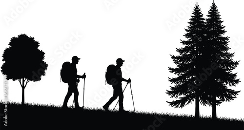 Silhouettes of hikers walking in forest nature, outdoor trekking, adventure scene with trees, hiking trail, backpack journey, wilderness exploration.
