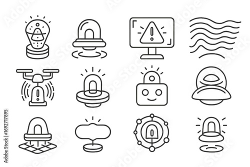 Futuristic Siren Icons. Line style icons of futuristic sirens: holographic beacon, levitating alarm light, digital alert panel,