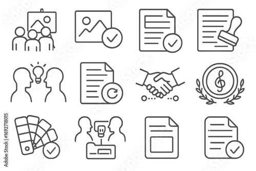 Creative Project Icons. Line style icons of creative project resolutions: team with art board, final design tick, script approval