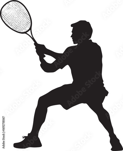 A badminton player crouched low, using the racket to deflect a low shot. full length silhouette black vector illustration