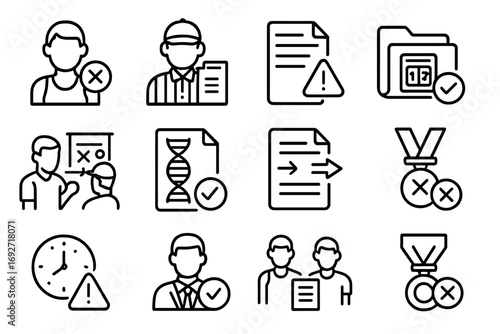Athletic Appeal Icons. Line style icons of athletic and competition appeals: disqualified player icon, referee with appeal form,