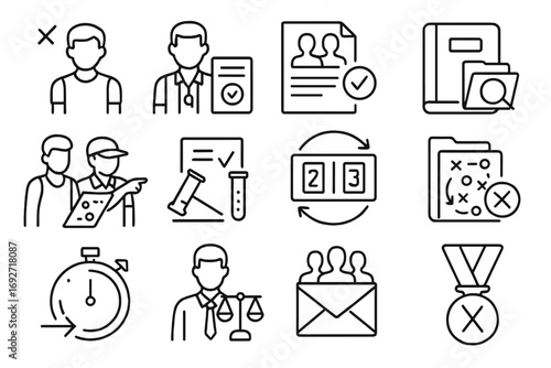 Athletic Appeal Icons. Line style icons of athletic and competition appeals: disqualified player icon, referee with appeal form,