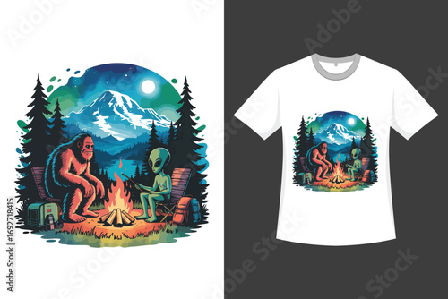 Giant and Alien Sharing a Peaceful Night by the Campfire