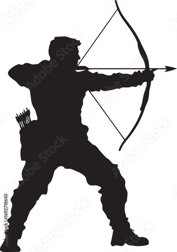 A hunter pulling back an arrow, ready to shoot. full length silhouette black vector illustration