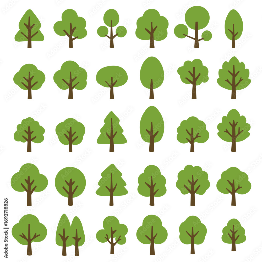 Fototapeta premium A collection of various stylized green trees with brown trunks, presented in a grid format.
