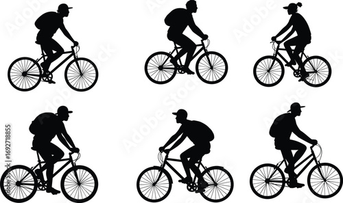 Silhouettes of people riding bicycles with backpacks, cycling, transportation, fitness, outdoor activity, commuting, black vector illustration, isolated icons