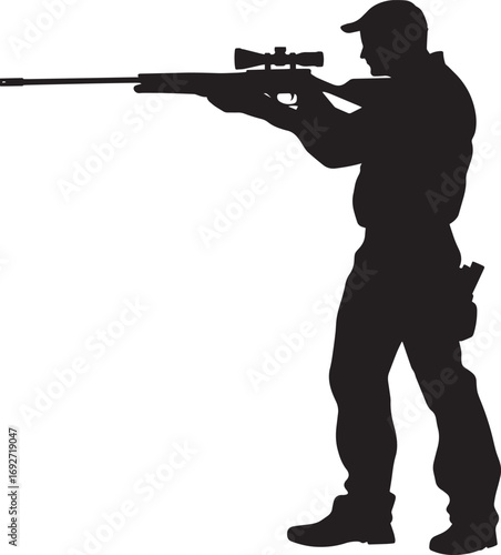 A hunter standing still, aiming a rifle straight ahead. full length silhouette black vector illustration