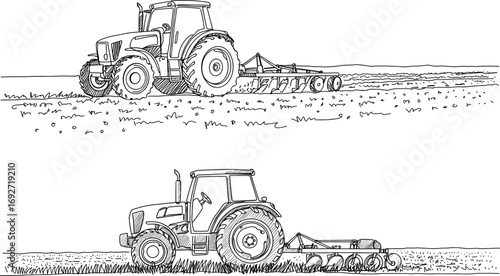 Tractor plowing field in monoline style, transparent background  