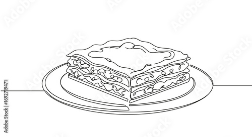 Illustration of lasagna on plate in monoline style with transparent background  