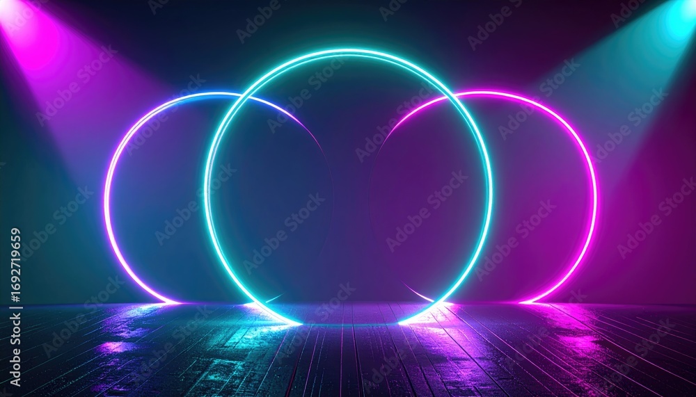 Obraz premium Cyan Magenta Neon Portal Rings Dark Stage