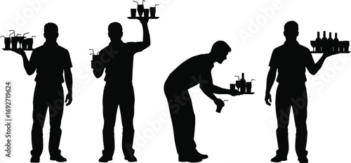 Silhouettes of waiters carrying trays with drinks, serving beverages, restaurant staff working, hospitality service, waiter holding bottles, bartending, food service concept.