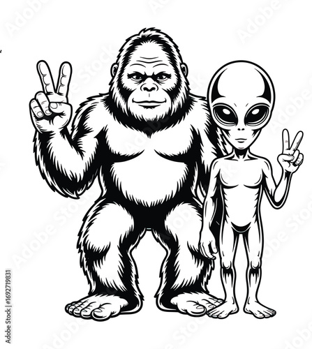 A black and white illustration of a gorilla and an alien