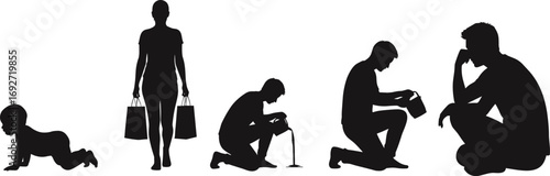 Silhouettes showing different life stages, baby crawling, woman walking, man pouring water, sitting man thinking, growth, development, reflection, daily activities, family, emotions, human journey.