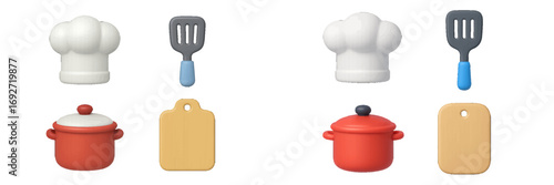 Colorful set of kitchenware and cooking tool icons with a chef hat, spatula, casserole pot, and wooden cutting board
