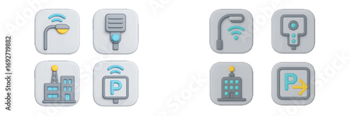 Collection of 3D smart city icons representing urban technology and infrastructure like street lights, communication towers, traffic cameras, and digital parking signs