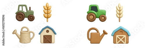 3D farm icon set with tractor, barn, wheat, and watering can for agriculture and rural themes isolated on white